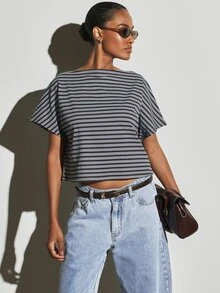 KSTM Ribbed Knit Boat Neck Crop Top Short Sleeve Boxy Fit Horizontal Stripe Summer Casual Coastal Everyday Style Brunch Travel Dark Grey - Multicolor - View 1