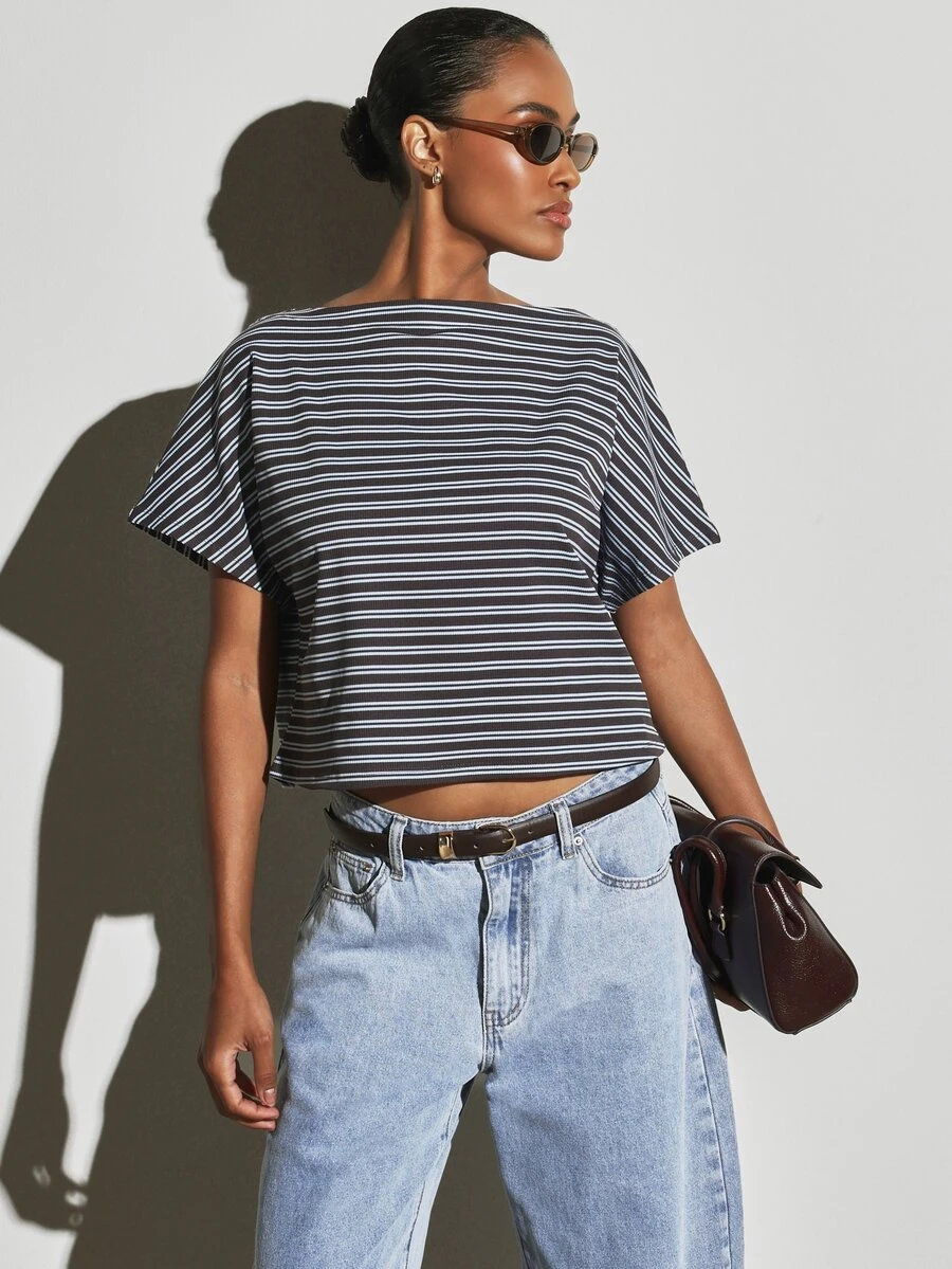 KSTM Ribbed Knit Boat Neck Crop Top Short Sleeve Boxy Fit Horizontal Stripe Summer Casual Coastal Everyday Style Brunch Travel Dark Grey - Multicolor - View 1