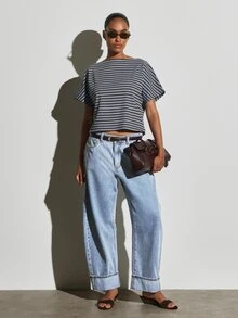 KSTM Ribbed Knit Boat Neck Crop Top Short Sleeve Boxy Fit Horizontal Stripe Summer Casual Coastal Everyday Style Brunch Travel Dark Grey - Multicolor - View 2