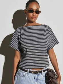 KSTM Ribbed Knit Boat Neck Crop Top Short Sleeve Boxy Fit Horizontal Stripe Summer Casual Coastal Everyday Style Brunch Travel Dark Grey - Multicolor - View 3