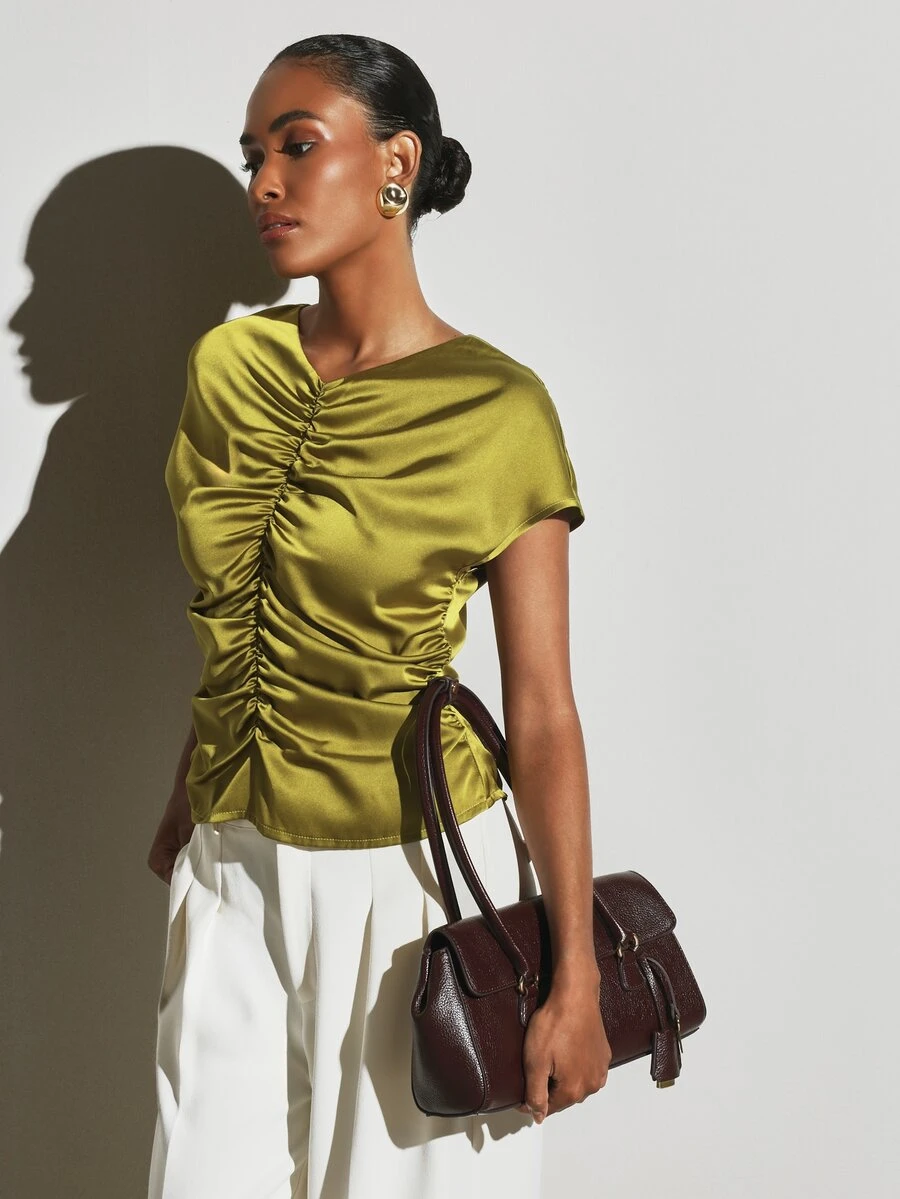 KSTM Satin Ruched Front Blouse With Boat Neck Short Sleeve Back Pleat Detail Fitted Silhouette Summer Party Top - Green - View 1