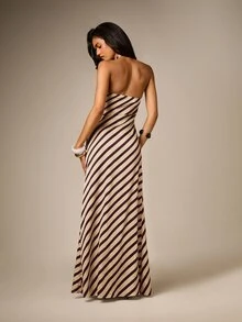 AiiRZ Diagonal Stripe Halter Neck Maxi Dress Cross Neck Backless Floor ...