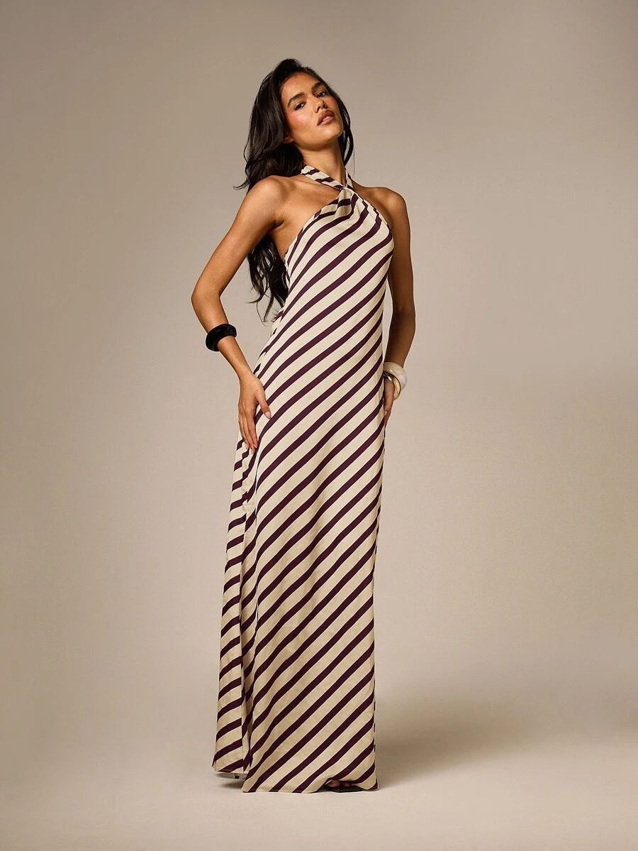 AiiRZ Diagonal Stripe Halter Neck Maxi Dress Cross Neck Backless Floor ...