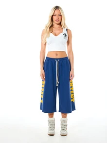 SUMWON WOMEN Wide Leg Culottes With Vertical Graphic Text Print, Elastic Drawstring Waist, Relaxed Fit Mid-Calf Length Fleece Shorts - Navy Blue - View 6