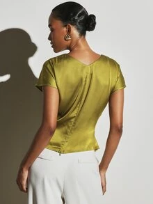 KSTM Satin Ruched Front Blouse With Boat Neck Short Sleeve Back Pleat Detail Fitted Silhouette Summer Party Top - Green - View 2