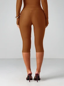 MISSGUIDED 綁帶腰部設計卡普里緊身褲－高腰修身短褲，適合春夏休閒穿著 - 棕色 - 查看 2