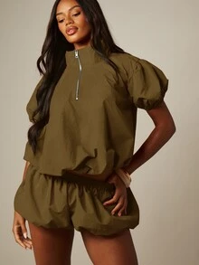 MISSGUIDED Bubble Hem Mini Shorts With Elasticated Waist Half Zip Nylon Casual Summer Holiday Festival Shorts - Brown - View 1