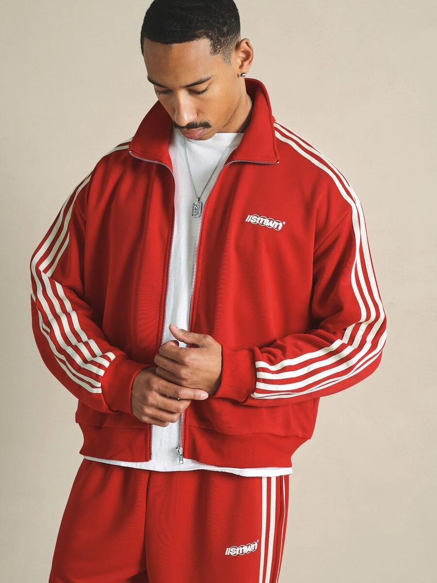 SUMWON IISMWN Retro Track Jacket Full Zip Stand Collar Three White Stripe Detail Long Sleeve Hip Length Regular Fit Streetwear - Red - View 1