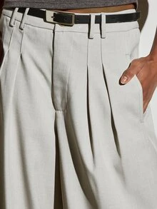 KSTM Wide Leg Pleated Dress Pants High Rise Full Length Tailored Trousers Flowy Formal Office Spring Summer Occasion Bottoms - Light Grey - View 5