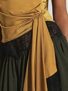 KSTM Mustard Satin Cowl Neck Sleeveless Ruched Blouse With Black Lace Trim Detail And Side Tie For Evening Party Spring Summer - Yellow - View 4