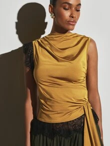 KSTM Mustard Satin Cowl Neck Sleeveless Ruched Blouse With Black Lace Trim Detail And Side Tie For Evening Party Spring Summer - Yellow - View 3