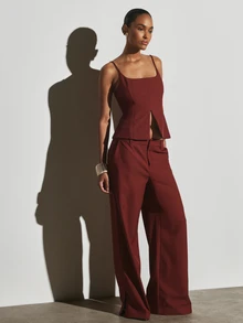 KSTM Wide Leg Dress Pants With Side Split Hem And Side Pockets In Rich Burgundy Tailored Suiting Fabric For Autumn Office Party Casual Elegant - Brown - View 2