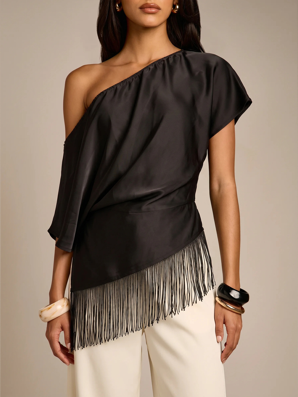 AiiRZ One-Shoulder Satin Blouse With Fringe Hem