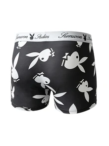 PLAYBOY X SUMWON Celana Dalam Boxer Motif Kelinci di Seluruh Permukaan dengan Karet Pinggang Bermerek - Hadiah Pakaian Dalam untuk Liburan - Hitam - View 2