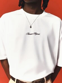 SUMWON Regular Rejects Oversized White Crew Neck Short Sleeve T-Shirt With Script Embroidery Chest Logo Detail Summer Essential - White - View 5