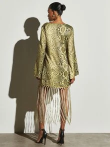 KSTM Snake Print Satin Mini Dress With Macrame Fringe Hem Cowl Neck Bell Sleeves Party Festive Season Statement Look - Multicolor - View 2