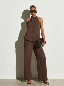 KSTM Halter Neck Suede Co-Ord Set With Wide Leg Pants Elasticated Neck Sleeveless Blouse And High Rise Full Length Trousers Summer Holiday Two-Piece - Coffee Brown - View 2