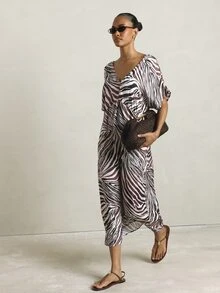 KSTM Zebra Print Satin Midi Dress V-Neck Puff Short Sleeve A-Line Silhouette Cinched Waist Summer Holiday Party Occasion Dress - Multicolor - View 7