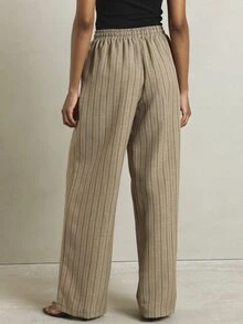 KSTM Wide Leg Linen Feel Casual Pants With Elastic Drawstring Waist Vertical Stripe Pattern Full Length Summer Relaxed Fit Trousers - Khaki - View 4