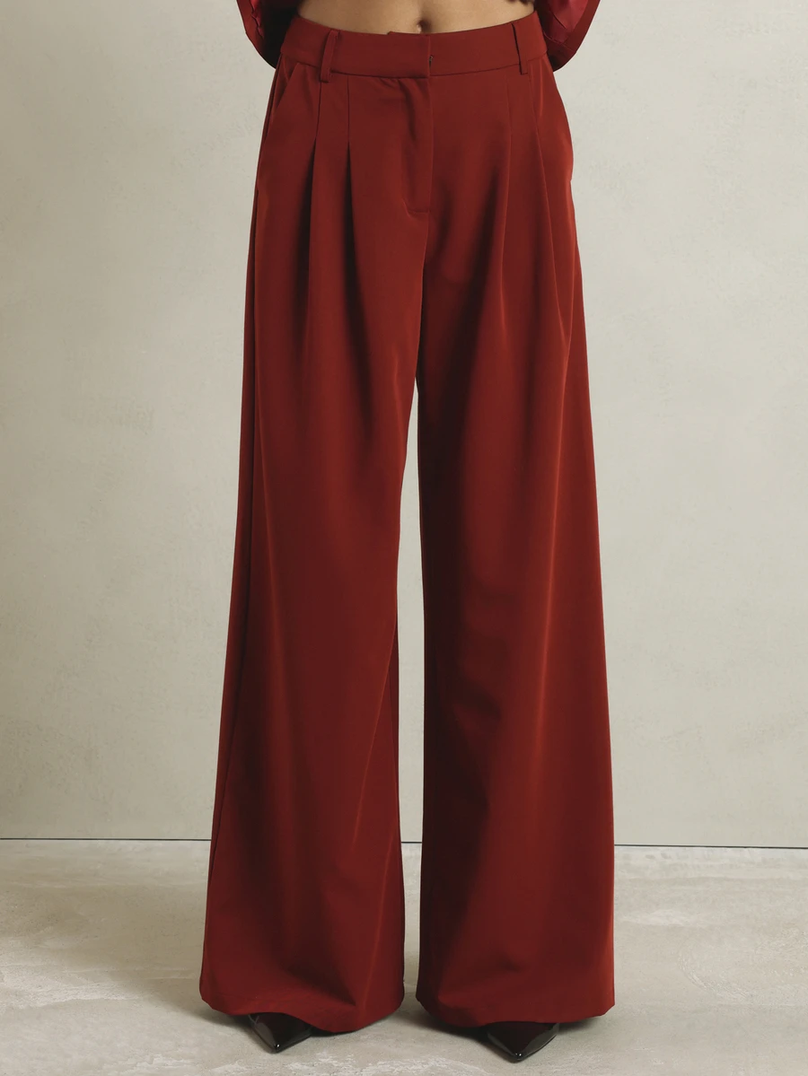 KSTM Wide Leg High Rise Pleated Dress Pants With Side Pockets Tailored Formal Trouser Fall Winter Office Party Style - Redwood - View 1