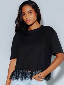Pimkie Edition Camiseta de mujer con estampado de encaje, manga corta, ajuste regular, estilo casual elegante, uso diario, noche, fiesta de té, negro, verano - Negro - Ver 5
