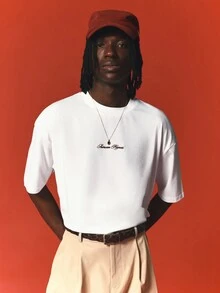 SUMWON Regular Rejects Oversized White Crew Neck Short Sleeve T-Shirt With Script Embroidery Chest Logo Detail Summer Essential - White - View 4