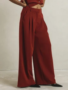 KSTM Wide Leg High Rise Pleated Dress Pants With Side Pockets Tailored Formal Trouser Fall Winter Office Party Style - Redwood - View 3