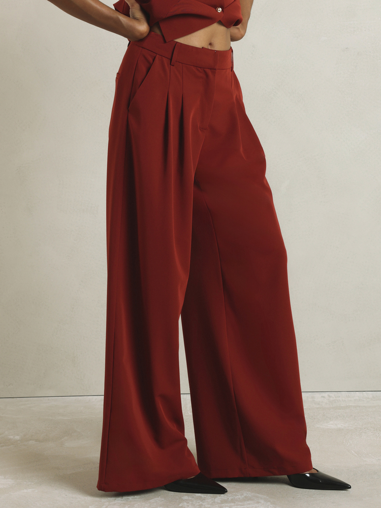 KSTM Wide Leg High Rise Pleated Dress Pants With Side Pockets Tailored Formal Trouser Fall Winter Office Party Style - Redwood - View 3