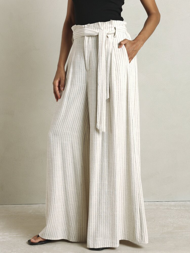 KSTM High Rise Palazzo Wide Leg Trousers With Pinstripe Pattern Pleated Front Tie Belt And Side Pockets Full Length Summer Style - Apricot - View 3