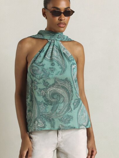 KSTM Blusa con cuello halter y estampado paisley, diseño sin espalda y detalle de lazo de pañuelo, top para verano, vacaciones y días festivos