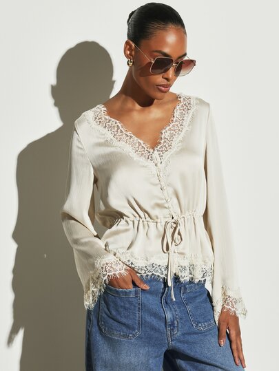 KSTM Cream Lace Trim V-Neck Bell Sleeve Blouse With Drawstring Waist And Floral Lace Cuff Detail Perfect For Spring Summer