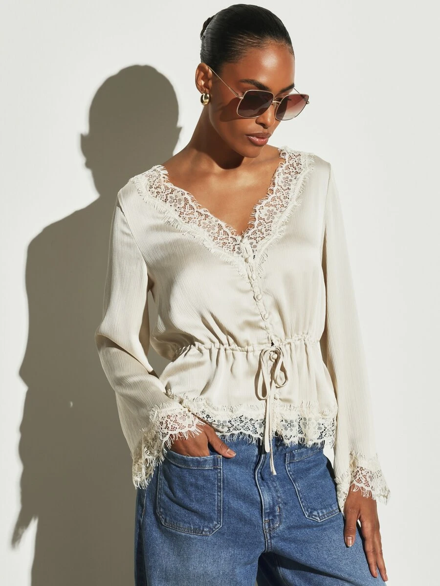 KSTM Cream Lace Trim V-Neck Bell Sleeve Blouse With Drawstring Waist And Floral Lace Cuff Detail Perfect For Spring Summer - Apricot - View 1