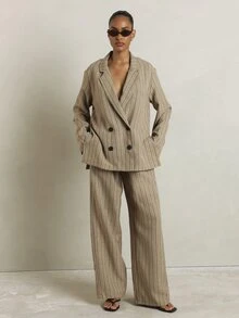 KSTM Oversized Double-Breasted Pinstripe Blazer With Lapel Collar And Button Closure Perfect For Office Spring Workwear - Khaki - View 2