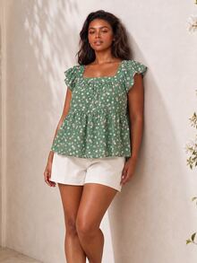 ELLERISSA 大尺碼多色花卉方領荷葉邊袖 Peplum 上衣 - 彩色 - 查看 5