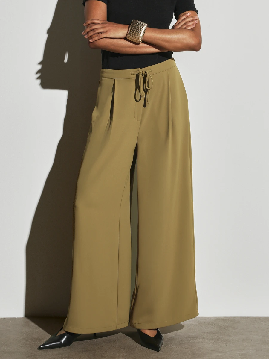 KSTM Wide Leg Palazzo Pants With Drawstring Waist Pleated Front Side Pockets Full Length Flowy Trousers Spring Summer Holiday - Green - View 1