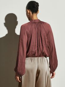 KSTM Satin Bomber Jacket With Ruched Stand Collar Full Zip Elasticated Hem Voluminous Sleeves Fall Winter Occasion - Brown - View 7