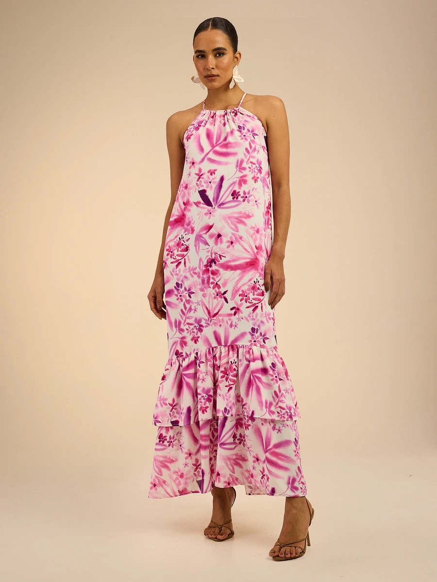 Dancing Leopard Pink Floral Strappy Back Ruffle Dress, Wedding Guest Occasion Wear - Pink - View 1