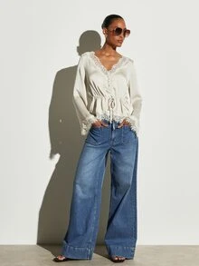 KSTM Cream Lace Trim V-Neck Bell Sleeve Blouse With Drawstring Waist And Floral Lace Cuff Detail Perfect For Spring Summer - Apricot - View 3