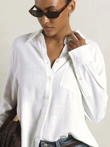 KSTM Regular Classic Oversized Linen Button-Down Shirt With Chest Pocket Collared Long Sleeve Relaxed Fit Summer Casual Top - White - View 4