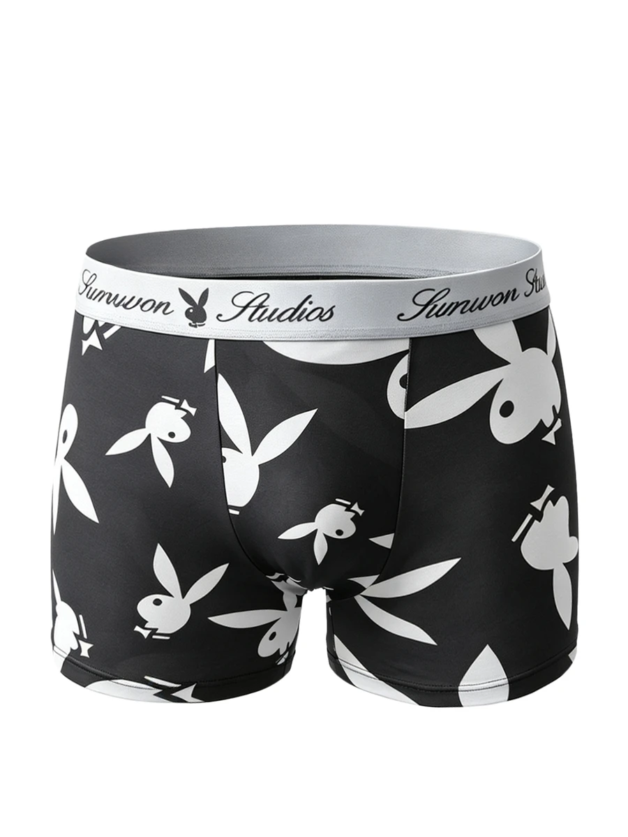 PLAYBOY X SUMWON Celana Dalam Boxer Motif Kelinci di Seluruh Permukaan dengan Karet Pinggang Bermerek - Hadiah Pakaian Dalam untuk Liburan - Hitam - View 1