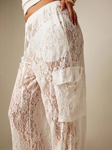 MISSGUIDED 透視花卉蕾絲寬腿工裝褲，彈性抽繩腰頭、側邊口袋，夏季海灘外罩褲 - 白色 - 查看 5