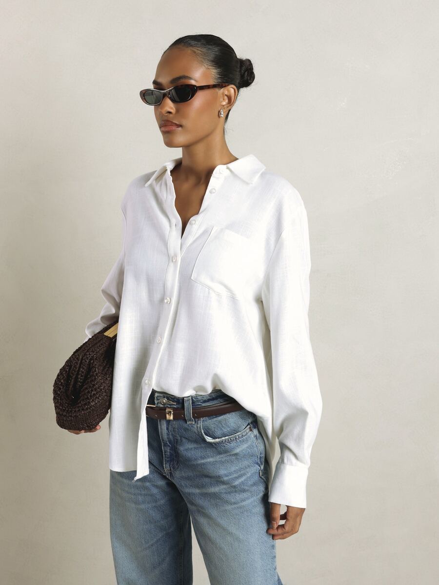 KSTM Regular Classic Oversized Linen Button-Down Shirt With Chest Pocket Collared Long Sleeve Relaxed Fit Summer Casual Top - White - View 1