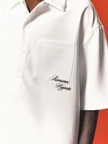 SUMWON Project Boxy Crop Shirt With Spread Collar Short Sleeve Button Front Chest Pocket Embroidered Script Logo Summer Essential - White - View 6