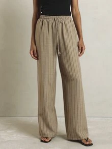 KSTM Wide Leg Linen Feel Casual Pants With Elastic Drawstring Waist Vertical Stripe Pattern Full Length Summer Relaxed Fit Trousers - Khaki - View 1