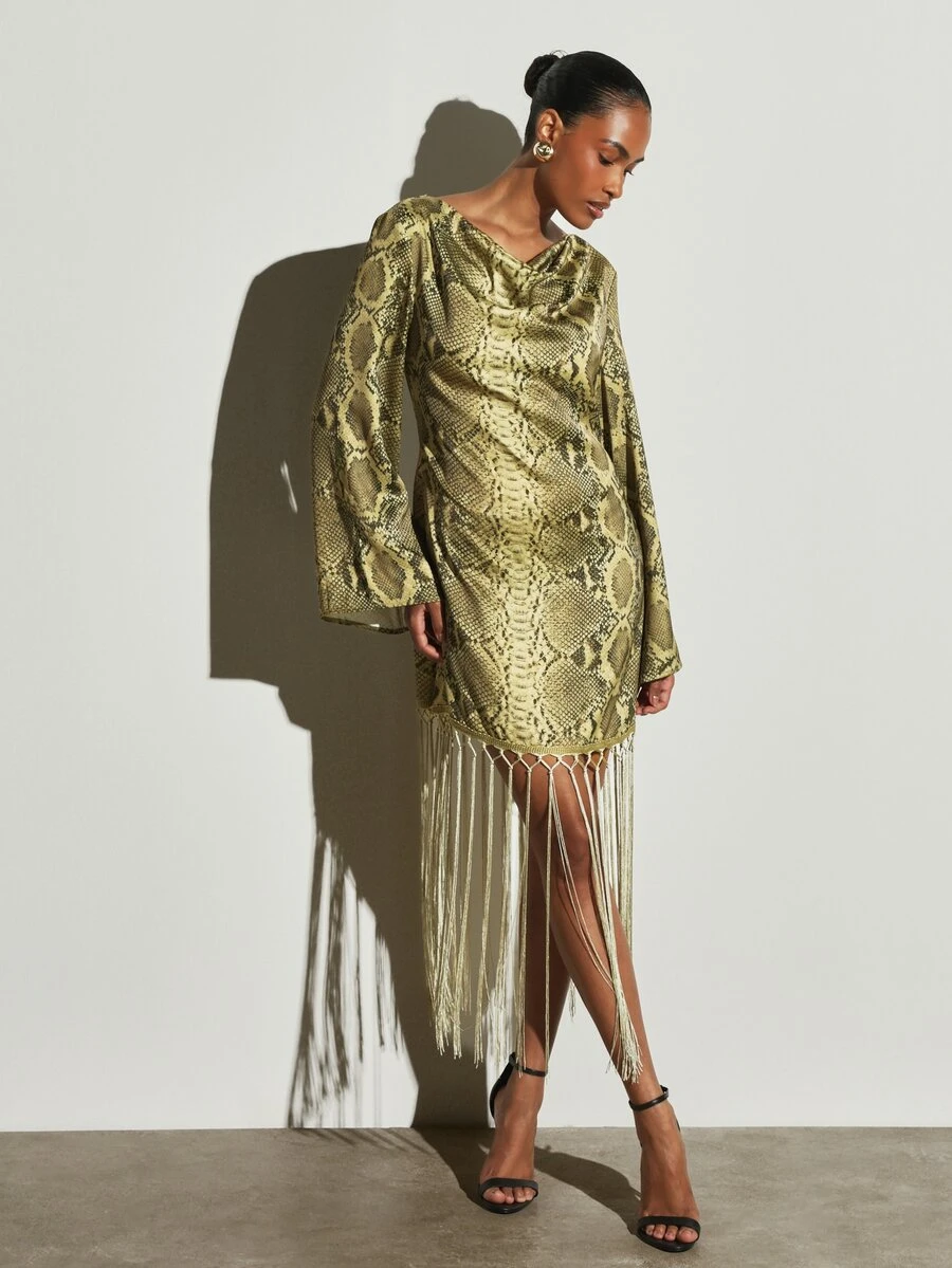 KSTM Snake Print Satin Mini Dress With Macrame Fringe Hem Cowl Neck Bell Sleeves Party Festive Season Statement Look - Multicolor - View 1