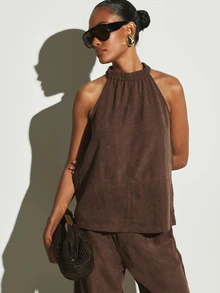 KSTM Halter Neck Suede Co-Ord Set With Wide Leg Pants Elasticated Neck Sleeveless Blouse And High Rise Full Length Trousers Summer Holiday Two-Piece - Coffee Brown - View 3