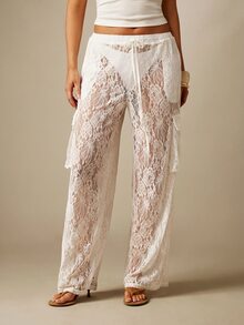 MISSGUIDED 透視花卉蕾絲寬腿工裝褲，彈性抽繩腰頭、側邊口袋，夏季海灘外罩褲 - 白色 - 查看 4