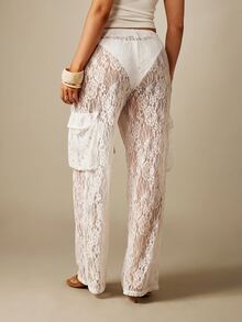 MISSGUIDED 透視花卉蕾絲寬腿工裝褲，彈性抽繩腰頭、側邊口袋，夏季海灘外罩褲 - 白色 - 查看 3