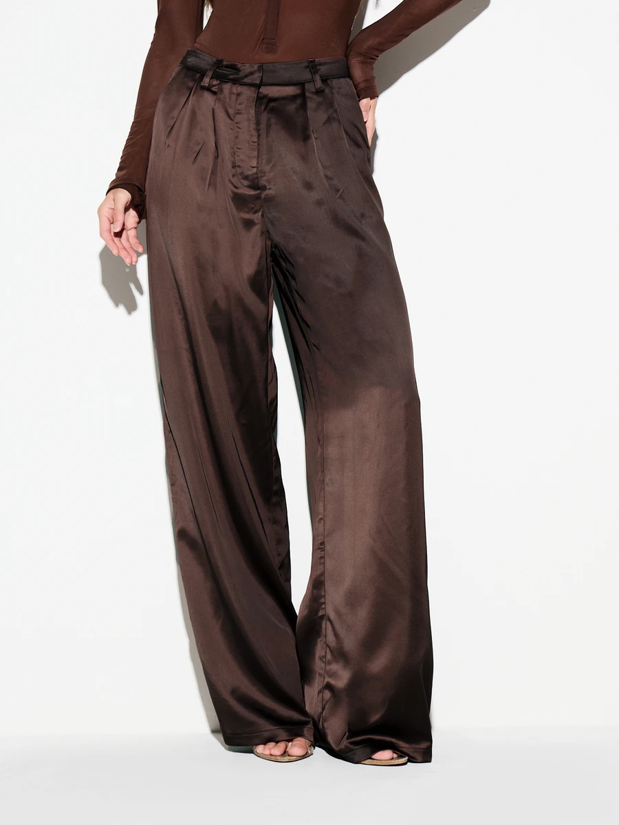 KIZN Satin Wide Leg Dress Pants With Pleated Front High Rise Full Length Silhouette Elegant Evening Occasion Tailored Trousers - Brown - View 1