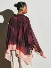 KSTM Sheer Chiffon Oversized Batwing Blouse With Watercolor Ombre Print Collared Neckline High Low Hem Flowing Kaftan Style Top - Multicolor - View 2